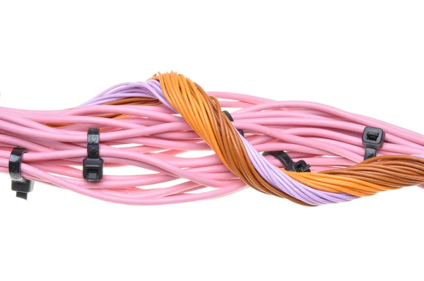 Bundle of pink and orange cables with black cable ties — Stock Photo, Image