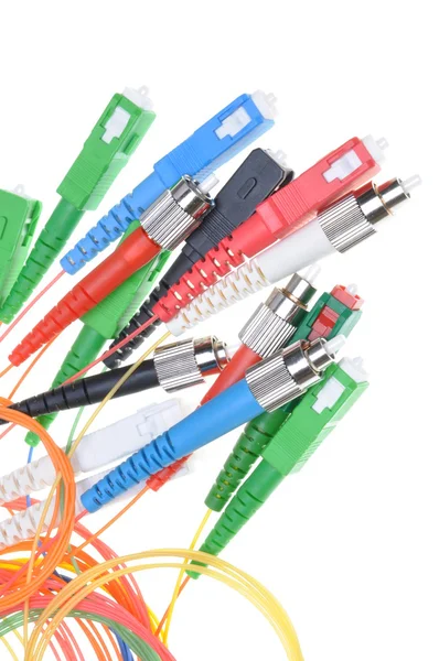 Fiber optic cables and connectors of telecommunication networks — Stock Photo, Image