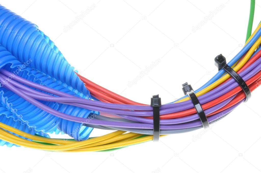 Colored electrical copper cables for electrician in corrugated pipe