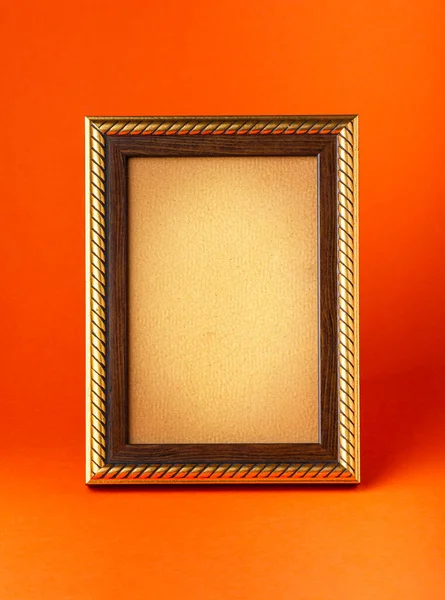 Houten Frame Met Oud Papier Oranje Achtergrond — Stockfoto