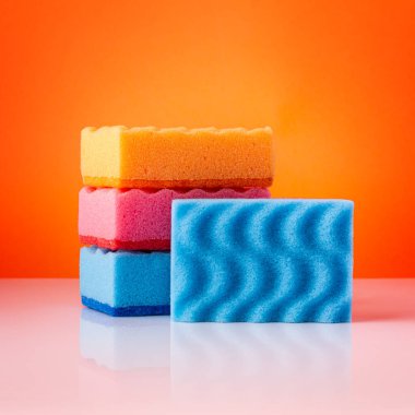 Bulaşık yıkamak için renkli süngerler ve turuncu arka planda diğer iç ihtiyaçlar.