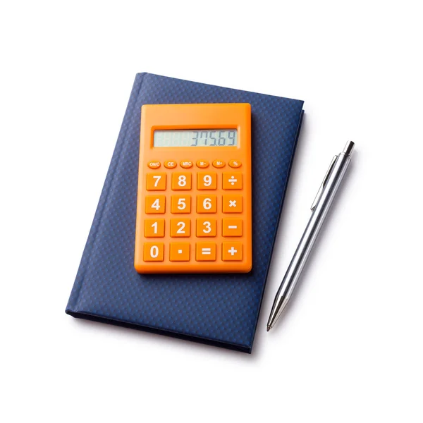 Taschenrechner Stift und Notizbuch — Stockfoto