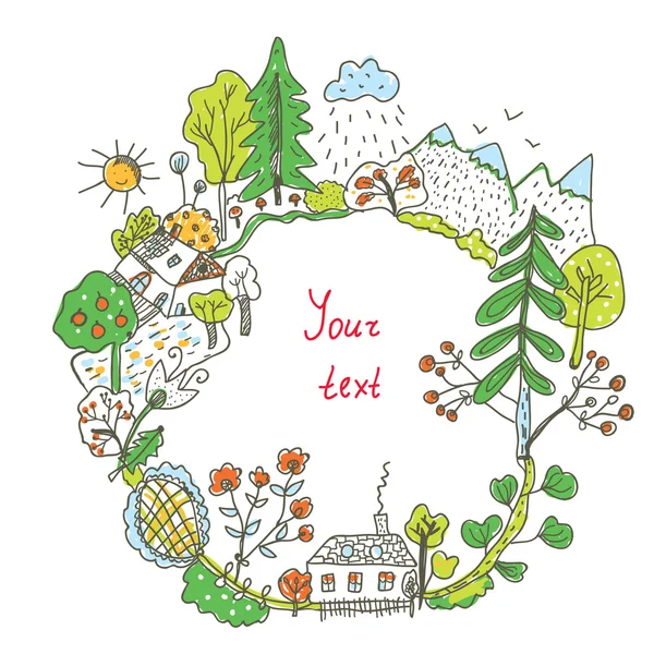 Cadre de doodle nature avec arbres, fleurs, village - illustration — Image vectorielle