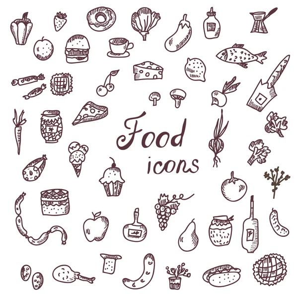 Ícones de comida desenhados à mão, conjunto de estilo engraçado —  Vetores de Stock