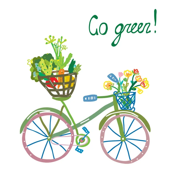 Go green eco card mit Fahrrad und Biolebensmitteln — Stockvektor