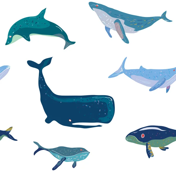 Padrão sem costura de baleias, ilustração gráfica desenhada à mão —  Vetores de Stock