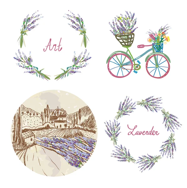 Set floral de lavanda para la etiqueta, insignia o web — Vector de stock