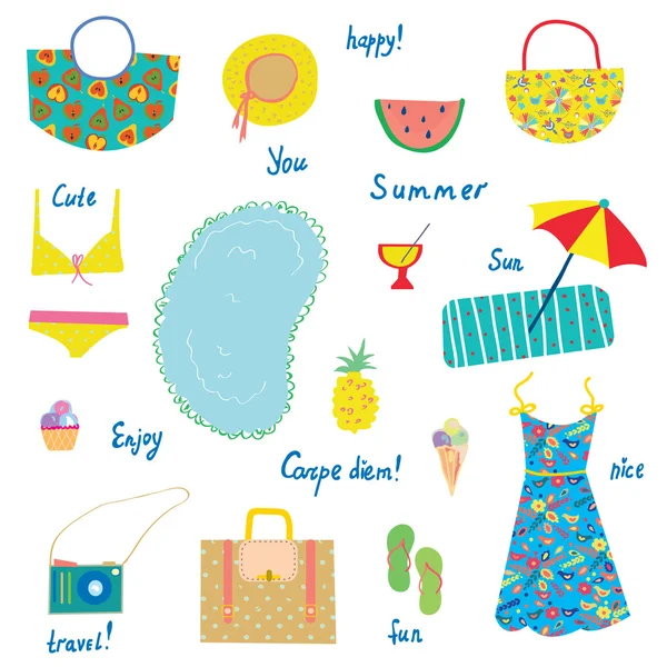 Conjunto de iconos de verano, diseño divertido - para vacaciones, viajes — Archivo Imágenes Vectoriales