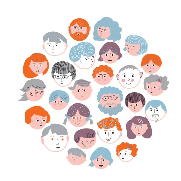 Conjunto de caras de la tarjeta de dibujos animados - diseño redondo — Vector de stock