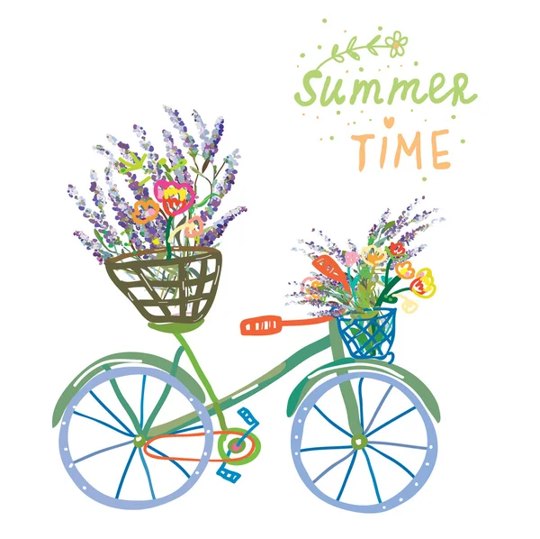 Cartão de verão feliz com bicicleta e flores — Vetor de Stock