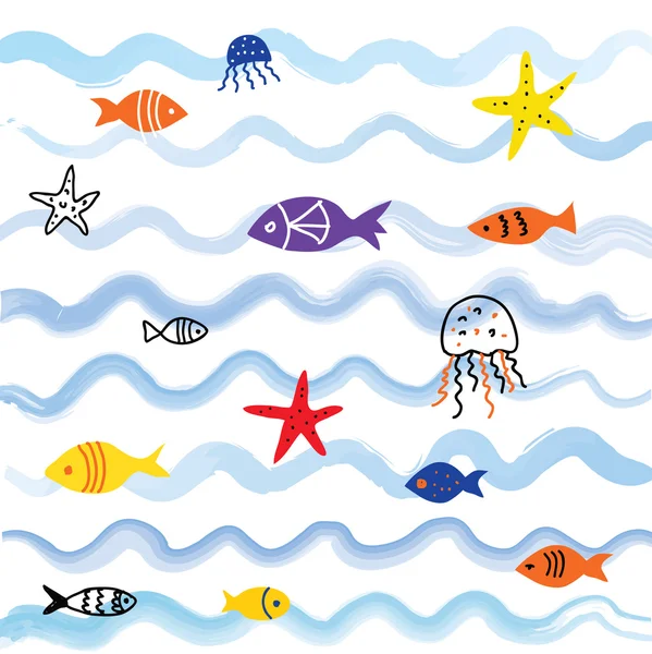 キュートなデザインと海と魚の背景 — ストックベクタ