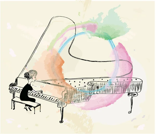 Girl playing piano sketch — Stock Vector