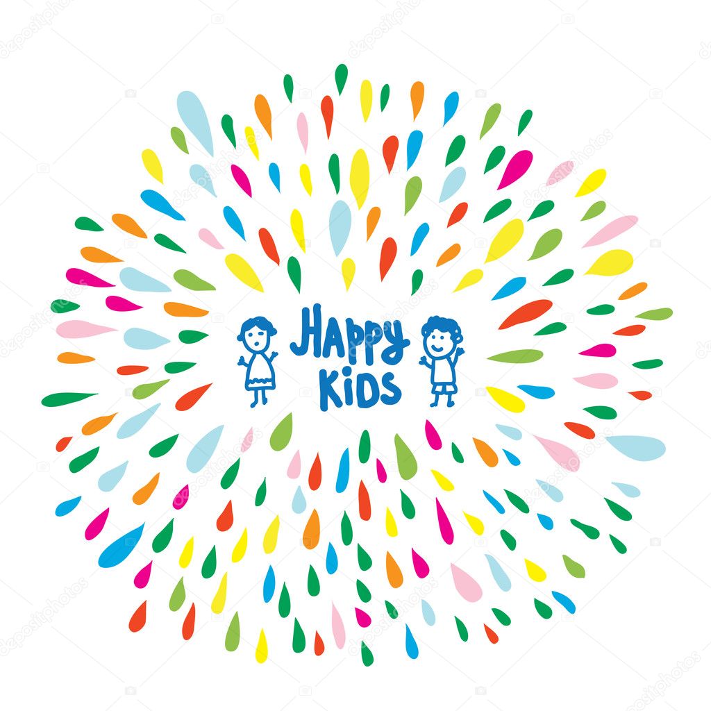 Happy kids logo or card for preschool or kindergarten, funny vector illustration