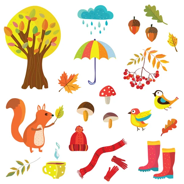 Herfst collectie illustratie met natuurelementen en dieren — Stockvector