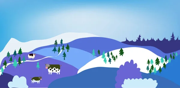 Paisaje Invernal Con Escena Rural Vacas Para Banner Navideño Ilustración — Archivo Imágenes Vectoriales