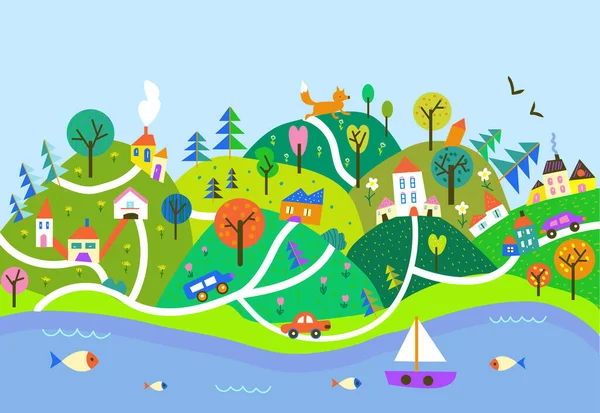 Lindo Paisaje Para Niños Pancarta Para Viajar Vacaciones Turismo Con — Archivo Imágenes Vectoriales