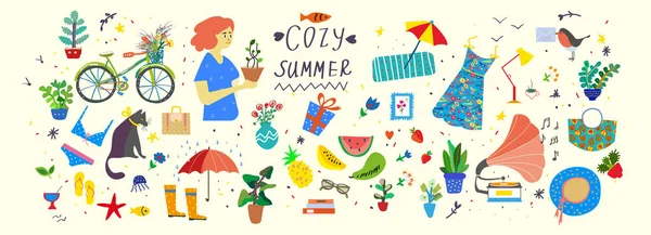 Mysig Hygge Sommar Illustration Vektor Uppsättning Söta Föremål Växter Och — Stock vektor