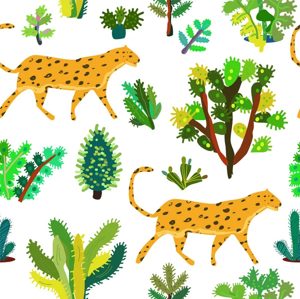 Guepard Plantas Tropicales Patrón Sin Costuras Diseño Dibujado Mano Ilustración — Archivo Imágenes Vectoriales