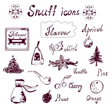 Snuff and tabacco icons set - hand drawn clipart