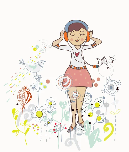 花、鳥と音楽を聴いている女の子のポスター — ストックベクタ