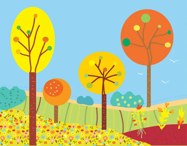 Смішний осінній пейзаж з квітами і деревами — стоковий вектор