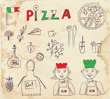 Pizza teslim çizilmiş öğeleri - retro tasarımı