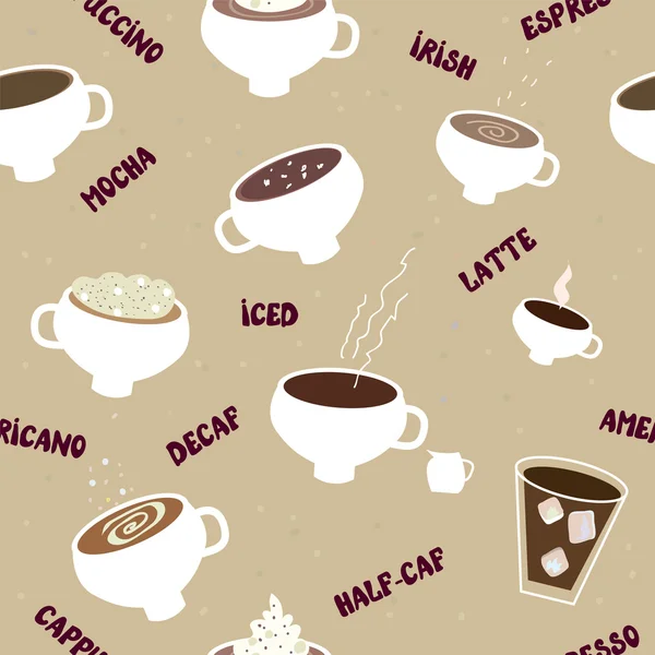 Coffee seamless pattern of different kinds — Stock Vector