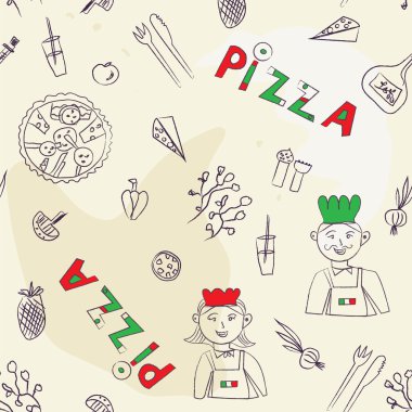 Pizza seamless modeli - elle çizilmiş retro