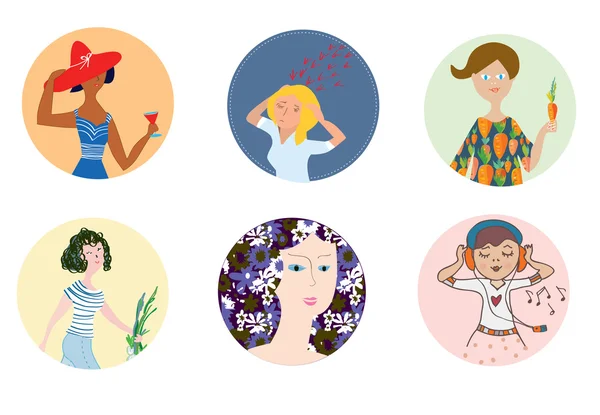 Le icone delle donne impostate con umore e professioni diverse — Vettoriale Stock
