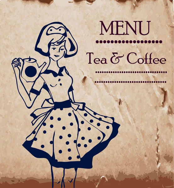 Modèle de menu avec serveuses rétro et café — Image vectorielle