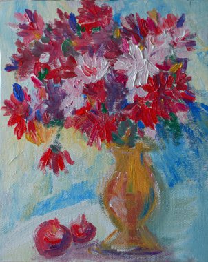 Natürmort çiçek ve elma sanat