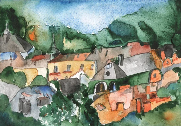 Pintura aquarela da cidade - rua, árvores — Fotografia de Stock