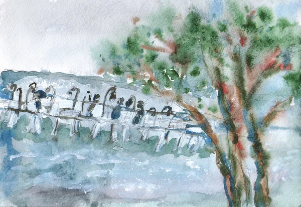 Watercolor with the sea and moll behind the tree — Stock Photo, Image