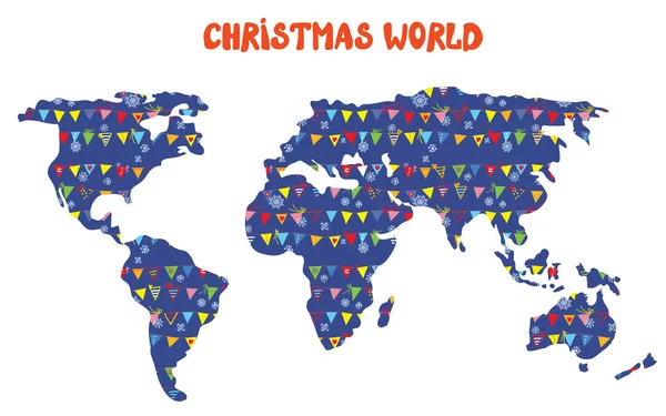 Χριστούγεννα παγκόσμιο χάρτη με διακοσμήσεις και χιόνι — Διανυσματικό Αρχείο