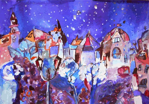 Winter stad schilderij - Christmas time — Stockvector