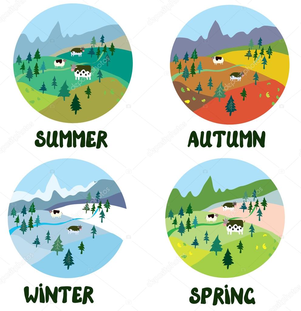 Farm rural landscape in four seasons