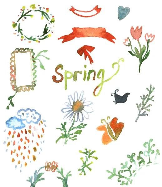 Watercolor design elements for spring - flowers, wreath, leaves — Stock Vector