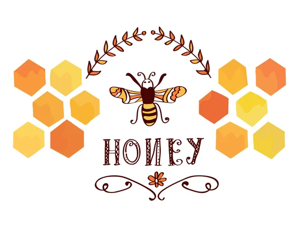 Etiqueta de miel con abeja y células - retro divertido — Vector de stock