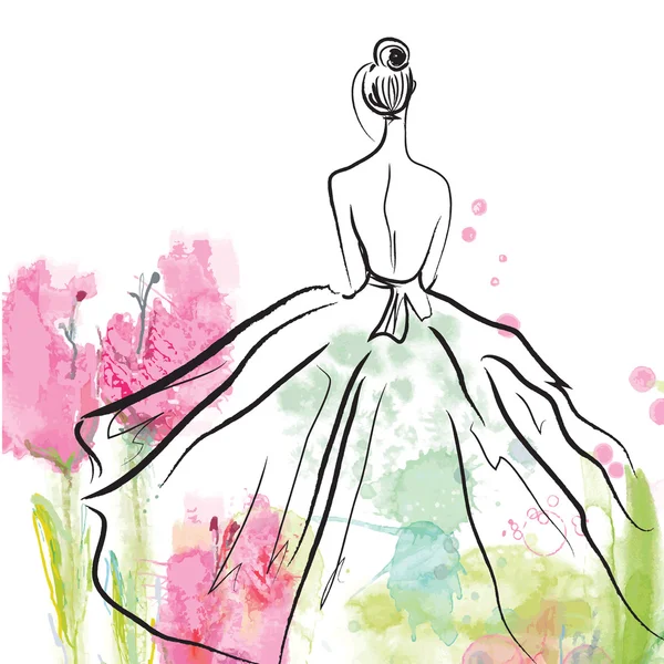Modemädchen im schönen Kleid - Skizze — Stockvektor