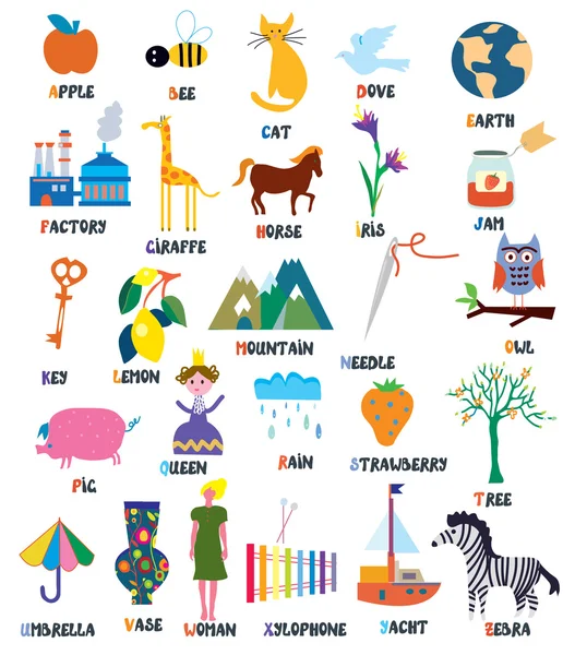 Abc for kids with animals, objects, toys — Stock Vector