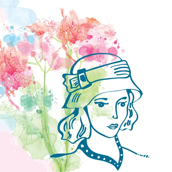 Retro card with girl in hat and floral background - watercolor s - Stok Vektor