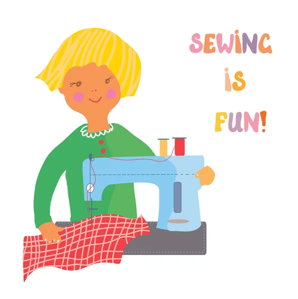 Sewing girl - cute illustration — Stock Vector