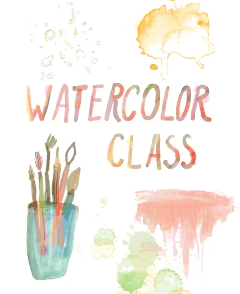Watercolor class banner - background with brushes, stains — Stock Vector