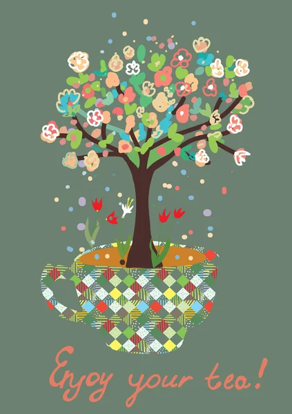 Carta divertente con tazza di tè e fiori sull'albero — Vettoriale Stock