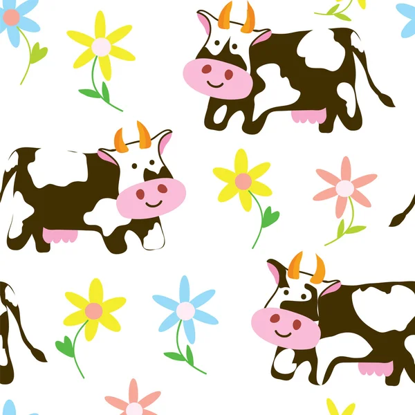 Lehmät ja kukat - hauska saumaton kuvio — vektorikuva