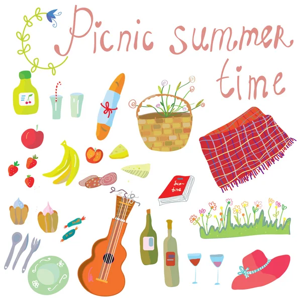 Oggetti da picnic per una romantica data estiva — Vettoriale Stock