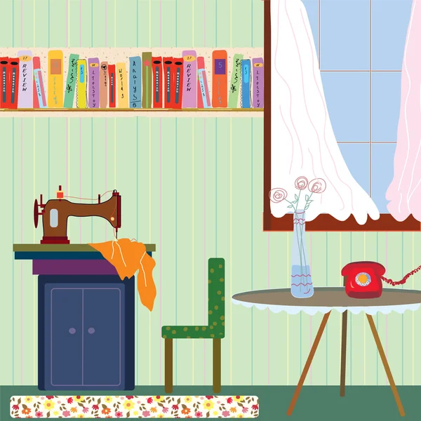 Habitación retro interior con máquina de coser y teléfono — Vector de stock