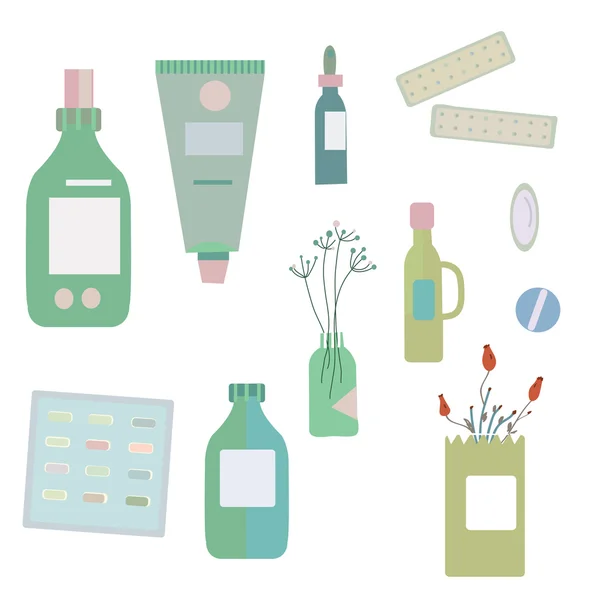 Medical drugs and bottles - illustration for herbal  medicine — Stok Vektör