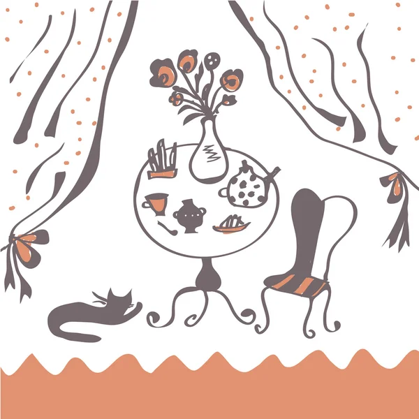 Cafetería con té, mesa y gato - boceto divertido — Vector de stock