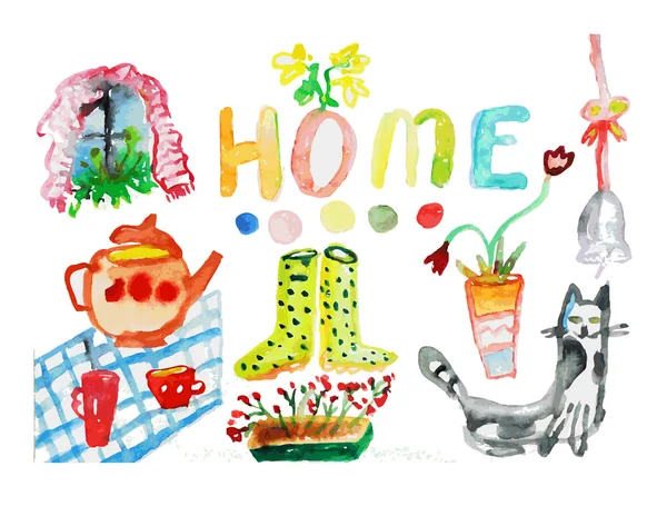 Home cute icons - watercolor illustrations — Stok Vektör